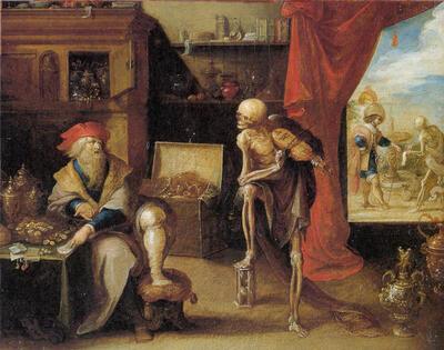 Frans II Francken, De vrek en de dood, ca. 1635, olieverf op koper, 24 x 31 cm MUSEUM VAN DE NATIONALE BANK VAN BELGIË, BRUSSEL