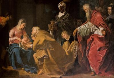 Gaspar de Crayer, Aanbidding der Wijzen (met een zelfportret van Gaspar de Crayer), 1609-1619, olieverf op doek, 133 x 202 cm SINT-MARTINUSKERK, KORTRIJK