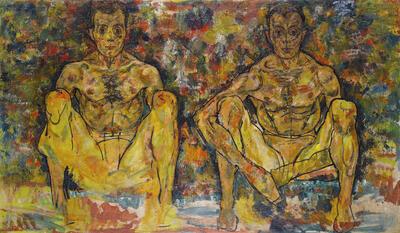 Egon Schiele, Hurkende mannen (dubbel zelfportret), 1918, olieverf op doek, 100 x 171 cm