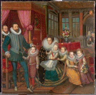 (Toegeschreven aan) Frans Pourbus de Jonge, Familieportret Karel van Arenberg en Anne van Croÿ met vijf van hun twaalf kinderen, ca. 1593, olieverf op doek, 227 x 223 cm KU Leuven, Kunstpatrimonium