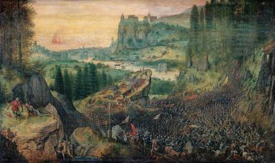 Pieter Bruegel de Oude, Zelfmoord van Saul, 1562, olieverf op paneel, 33,5 x 55 cm Kunsthistorisches museum, Wenen