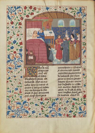 Een miniatuur uit de 15de eeuw toont de stervende graaf Diederik VII van Holland met zijn echtgenote Adelheid die hun enige dochter en erfgename Ada in allerijl uithuwelijkt aan graaf Lodewijk II van Loon, uit de Chronique de Hollande, de Zeelande et de Frise, traduction française, dédiée au duc de Bourgogne, Philippe le Bon par Johannes de Beka BIBLIOTHÈQUE NATIONALE DE FRANCE, MS FR 9002, F. 71V.