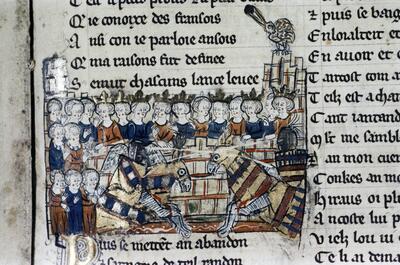 Een van de manuscripten van Jacques Bretels Tournoi de Chauvency bevat een vijftiental miniaturen met tweegevechten en een mêlée. Graaf Lodewijk IV van Loon en Chiny organiseerde dit meest spraakmakende tornooi van de middeleeuwen. Hier stormt Gerard van Loon af op zijn tegenstander OXFORD, BODLEIAN LIBRARY, MS DOUCE 308, FOLIO 120R.