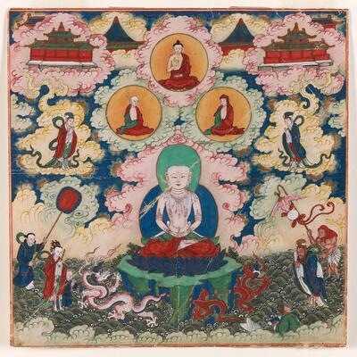 De mediterende transformeert in Vairocana, gezeten op een blauwe lotus en rijkelijk getooid met juwelen. Naast de Boeddha en zijn eerste leerlingen verschijnen ook enkele taoïstische figuren. Papier, natuurlijke pigmenten MAS, ANTWERPEN