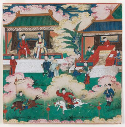 Siddharta Gautama, de latere Boeddha, leert als jonge prins lezen, schrijven, paardrijden en boogschieten. Siddharta’s ouders zijn afgebeeld in het paviljoen aan de linkerzijde. Papier, natuurlijke pigmenten MAS, ANTWERPEN