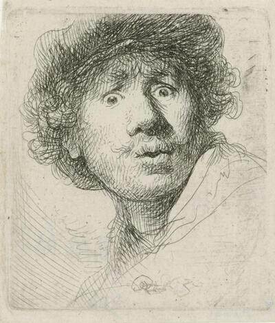 Rembrandt van Rijn, Zelfportret met baret en opengesperde ogen, 1630, ets, 50 mm x 45 mm KONINKLIJK BIBLIOTHEEK, BRUSSEL, INV. NR. NHD 69,II, S.II 135