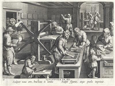 Philips Galle naar Johannes Stradanus, De graveerkunst, burijngravure, uit de reeks Nova reperta (Nieuwe ontdekkingen) samengesteld uit een titelplaat en 19 platen, Philips Galle, Antwerpen, 1591 - KBR - PRENTENKABINET, S. II 1532