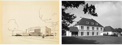 Moderne voorontwerp (1953) en traditionele realisatie (1954) van de woning Maes in Antwerpen. Soms wordt Stynens creativiteit ook beknot door de vergunning verlenende overheid, die het modernisme niet steeds kan smaken
