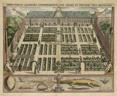Jan Cornelisz. van ‘t Woudt en Willem Isaacsz. Swanenburg, Gezicht op de Hortus Botanicus van de Universiteit van Leiden, aangelegd door Carolus Clusius, prent uitgegeven door Claes Jansz. Visscher, Amsterdam 1610