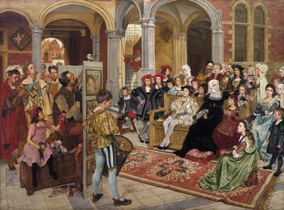 Willem Geets, Poppenspel aan het Hof van Margareta van Oostenrijk (Mechelen 1515), 1892, olieverf op doek 154,5 x 209 cm