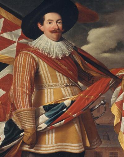 Jan Verhoeven, Portret van Rombout Heyns, alias Smets, vaandrig van het Kolveniersgilde in 1580, olieverf op doek, 201 x 123 cm