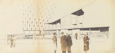 Ontwerp voor het interieur van het ontvangstpaviljoen in Paleis V op de Expo ’58 op de Heizel. Trappen, hellende vlakken en passerelles verbinden de verschillende delen met elkaar. In dit rooster worden onder meer receptie, bar, lounge, hulppost, sanitair, PTT-kantoor, reisagentschap, conferentiezaal, bankkantoor, ontvangstruimten voor de eregasten, zitkamers, ontspanningsruimten en een daghotel ondergebracht.