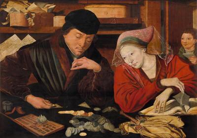 Marinus van Reymerswale, Een goudweger met zijn vrouw, olieverf op paneel, 113 x 80 cm KONINKLIJK MUSEUM VOOR SCHONE KUNSTEN, ANTWERPEN