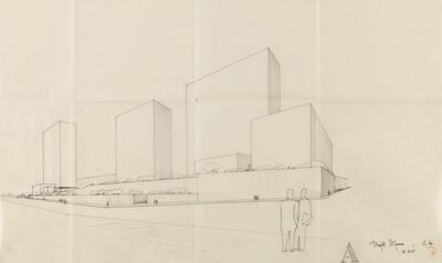 Stynens ontwerp voor het Rijksadministratief Centrum in Brussel, 1955. Hij kan zich niet verzoenen met een voorstel dat zich beperkt tot de bouw van kantoren, zonder rekening te houden met de politieke en sociale betekenis, noch met de inpassing van het complex in de stad: “Mijn bedoeling was om een complex van gebouwen op te zetten dat tot een goed functionerend administratief centrum kon uitgroeien, maar dat ook ’s avonds een levende buurt kon worden (…) Ik wou een articulatie van gebouwen met allure, ja