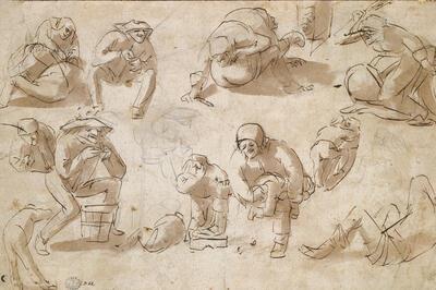 Adriaen Brouwer, Blad met figurenstudies, ca. 1626/32, pen in bruine inkt, gewassen over een schets in houtskool, 218 mm x 329 mm