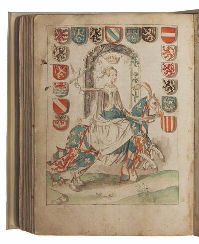 Een 15de-eeuwse miniatuur uit de Excellente cronike van Vlaenderen met Maria van Bourgondië te paard. COLLECTIE OPENBARE BIBLIOTHEEK BRUGGE
