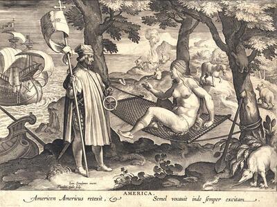 Theodoor Galle (graveur) en Jan van der Straet (ontwerper), De ontdekking van Amerika, 1595-1633, prent, 199 x 268 mm
