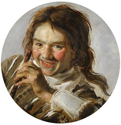 Frans Hals, Lachende jongen met fluit/Het gehoor, rond paneel: 37,5 diameter, ca. 1626/28 STAATLICHES MUSEUM SCHWERIN, INV. NR. G.2475