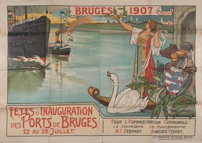 Met een affiche kondigt het stadsbestuur de feestelijkheden voor de inhuldiging van de zeehaven aan. COLLECTIE STADSARCHIEF BRUGGE