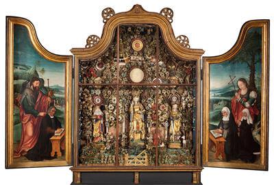 Anoniem, Besloten Hofje met H. Elisabeth, Ursula en Catharina, ca 1513, mixed media, 134 x 188,5 cm