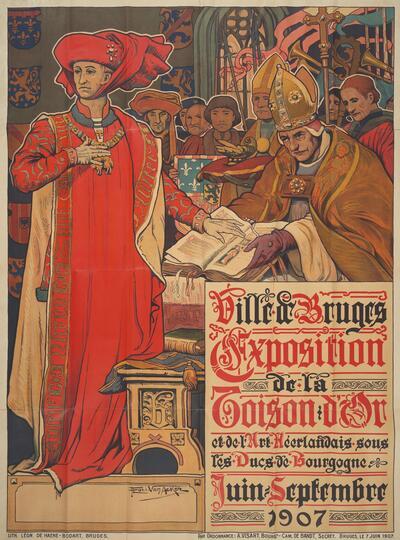 Affiche van de tentoonstelling over de Orde van het Gulden Vlies, een van de evenementen naar aanleiding van de inhuldiging van de zeehaven. COLLECTIE STADSARCHIEF BRUGGE