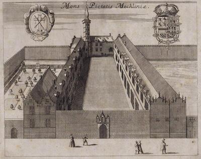 Panoramisch zicht van het Hof van Busleyden, 17de eeuw, kopergravure