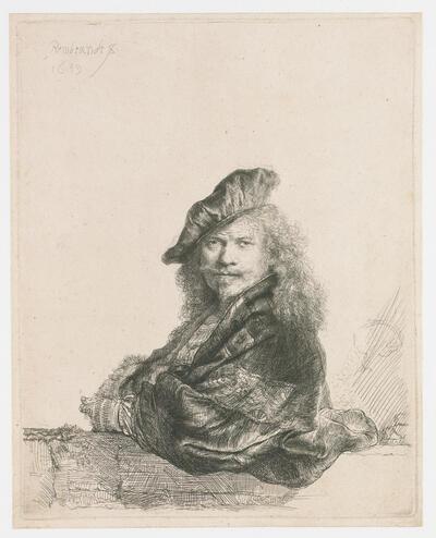Rembrandt van Rijn, Zelfportret met arm leunend op een dorpel, 1639, ets, 206 x 164 mm PRENTENKABINET RIJKSMUSEUM, AMSTERDAM, INV. NR. RP-P-1962-10