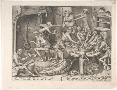 Pieter van der Heyden, naar Pieter Bruegel de Oude, De magere keuken, 1563, gravure, 224 x 291 mm KONINKLIJKE BIBLIOTHEEK VAN BELGIË, BRUSSEL