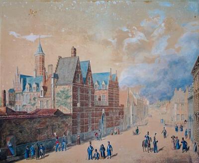 Anoniem, Hof van Busleyden gezien vanuit de Koestraat (Merodestraat), eerste helft 19de eeuw, waterverf op papier, 420 x 520 mm