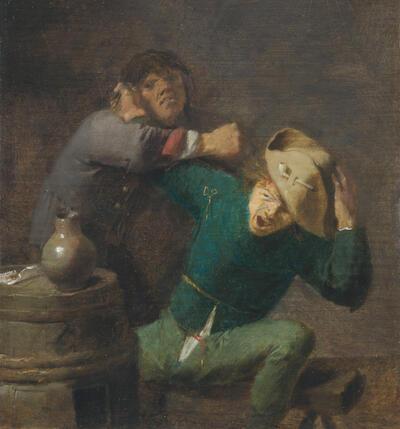 Adriaen Brouwer, Twee vechtende boeren bij een ton, ca. 1635/37, olieverf op paneel, 15,5 x 14 cm ALTE PINAKOTHEK, MÜNCHEN, INV. NR. 2112