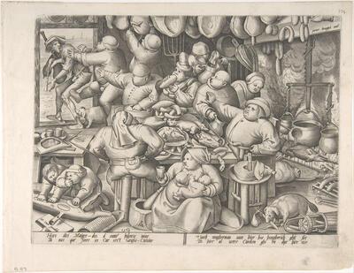 Pieter van der Heyden, naar Pieter Bruegel de Oude, De vette keuken, 1563, gravure, 224 x 295 mm KONINKLIJKE BIBLIOTHEEK VAN BELGIË, BRUSSEL
