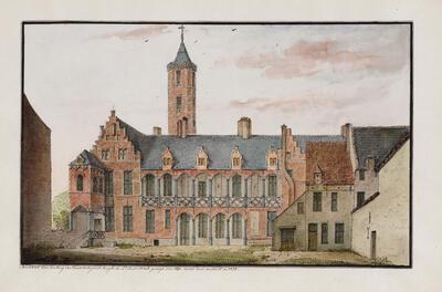 Zicht op de binnenkoer van het Hof van Busleyden langs de zijde van de Sint-Jansstraat, 1875, pentekening en aquarel