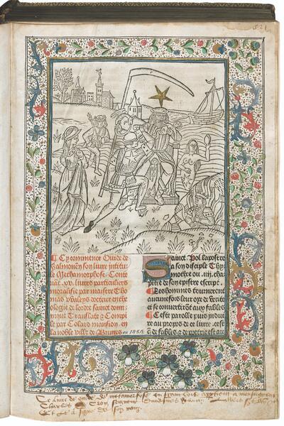 De openingsillustratie van Mansions Ovide moralisé, met de ontmanning van Saturnus. Tekst en illustratie zijn gedrukt, de randversiering is met de hand uitgevoerd. Deze vroege druk (1484) inspireert zich volledig op de luxueuze handschriften uit de Bourgondische periode. Het colofon vermeldt Mansion als drukker. Eronder prijkt zijn drukkersmerk. COLLECTIE OPENBARE BIBLIOTHEEK BRUGGE