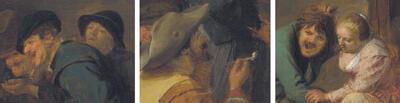 Adriaen Brouwer, Herbergscène (en details), ca. 1635, olieverf op paneel, 48 x 67 cm THE NATIONAL GALLERY OF ART, LONDEN, INV. NR. NG 6591