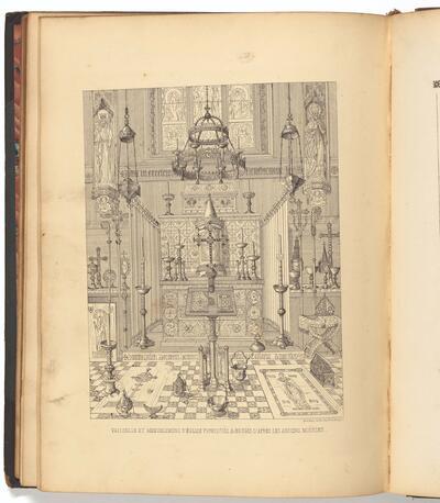 In 1850 verschijnt in Brugge de ‘bijbel van de Belgische neogotiek’: Thomas Harper King’s Les Vrais Principes de l’Architecture Ogivale ou Chrétienne, een adaptatie van de geschriften van Pugin. Deze bladzijde toont neogotisch vaatwerk en kerkmeubilair, gemaakt in Brugge. COLLECTIE BIBLIOTHEEK MUSEA BRUGGE, INV. II D 80