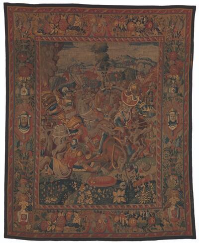 Wandtapijt met een gevechtsscène uit de oudheid, 1576-1600, Brugge, wol en zijde. COLLECTIE GRUUTHUSEMUSEUM BRUGGE, INV. XVII.O.0003