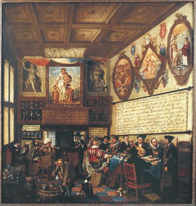 Anoniem, Een rederijkerskamer (De Wijngaertrancken?), 1659, paneel, 46 x 43,5 cm FRANS HALS MUSEUM, HAARLEM, INV.NR. OS I-552