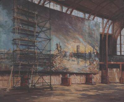 Het IJzerpanorama opgehangen in de Luchtvaarthal van het Legermuseum, geschilderd door Léopold Wattecamps, lid van het team van Bastien dat de dringende restauratie in juni 1951 afwerkte