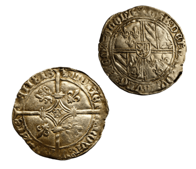 De ‘dubbele groot’ of ‘Vierlander’ van Filips de Goede voor het graafschap Henegouwen, diameter 29 mm, gewicht 3,4 gr, zilvergehalte 479/1000.