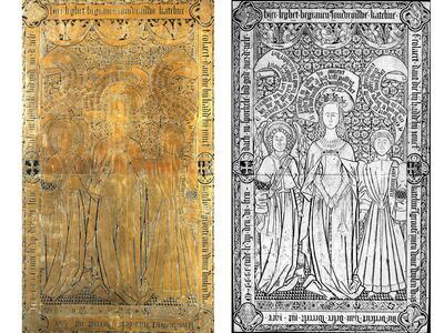 Links: de foto van de grafplaat van Kateline Daut († 1460) in de Sint-Jacobskerk in Brugge © KIK-IRPA, BRUSSEL KN005028 Rechts: de wrijfprent van dezelfde grafplaat © KIK-IRPA, Brussel Y008114