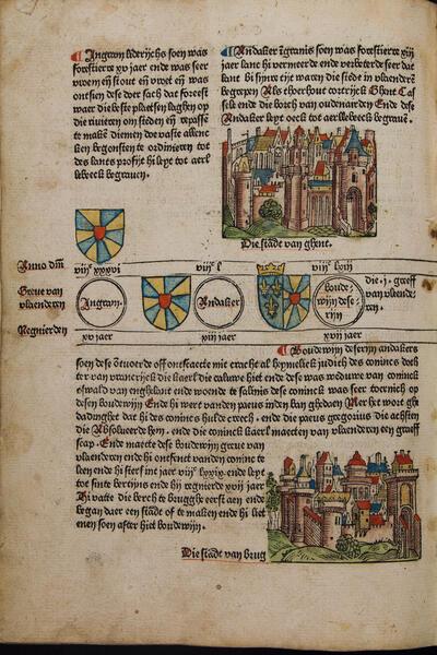 Werner Rolewinck, Dat boek dat men hiet Fasciculus temporum, (Nederlandse vertaling van Fasciculus temporum), incunabel, Utrecht, Johann Veldener, 1480 Met houtsneden van Brugge en Gent Brugge, Openbare Bibliotheek, 4853, f. 282v