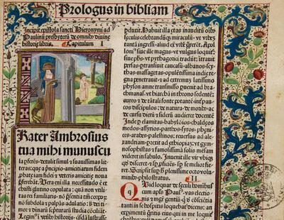 Biblia, incunabel, Bazel, Johannes Amerbach, 1481 Exemplaar van een Latijnse bijbel, gedrukt in Bazel, verlucht in een Brugse werkplaats Brugge, Openbare Bibliotheek, 3863, f. 1r