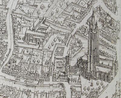 Uit: Marcus Gerards, Stadsplan van Brugge, 1562 (editie 19de eeuw) De gildekapel van de librariërs bevond zich in de kerk van de Eekhoutabdij, gelegen in het hart van de stad Brugge, Openbare Bibliotheek, HF530