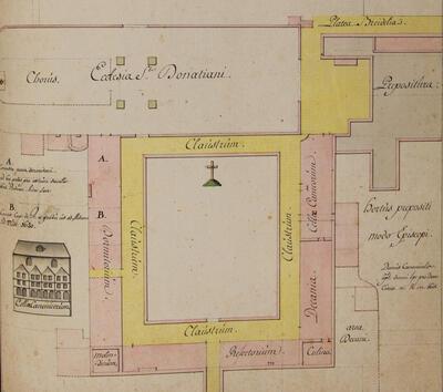Pierre de Molo, Geïllustreerde grafschriften- en blazoenenverzameling uit de Sint-Donaaskerk te Brugge, manuscript, Brugge, ca. 1786 Het manuscript bevat een grondplan van Sint-Donaas, kerk en pand (claustrum); Mansion huurde een winkelruimte in het pand, links, onder het dormitorium Brugge, Openbare Bibliotheek, ms. 595II, f. 237r