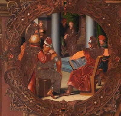 Pieter Pourbus, Van Belle-triptiek, met de madonna van de zeven smarten (detail), Brugge, 1556, olieverf op paneel Brugge, Sint-Jakobskerk