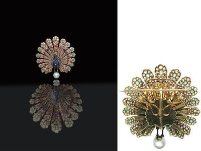 Gustave Baugrand, broche (voor- en achterzijde), ca. 1870, Parijs, goud, parel, saffier, smaragd, robijn en diamant Foto: Wartski Lond e n