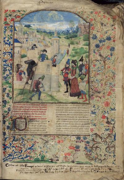 Benvenuto da Imola, Romuléon, (mogelijk gekopieerd door Colard Mansion), manuscript, 1467 Mansion leverde dit manuscript voor de bibliotheek van hertog Filips de Goede Besa n çon, Bi bli othèq ue mun i c i pale, ms. 850, f. 1 r