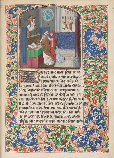 Hubert le Prévost, Vie de Saint Hubert, manuscript, Brugge (?), ca. 1470-1479 Het schrift is een uitgesproken gotische bastarda, een formele cursieve letter Parijs, Bibliothèque nationale de France, ms. fr. 424, ff. 14r