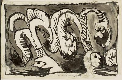 Pierre Alechinsky, Wat Binche betreft, 1967, Oost-Indische inkt, gewassen, op oud vergépapier, 245 x 320 mm Schenking van de kunstenaar, 1973 Koninklijke Musea voor Schone Kunsten van België, Brussel