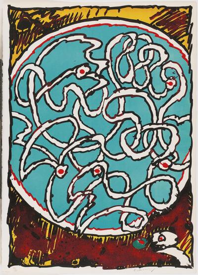 Pierre Alechinsky, Galalabyrinten, 1973, kleurenlithografie, 760 x 540 mm Schenking van de kunstenaar, 1973 Koninklijke Musea voor Schone Kunsten van België, Brussel